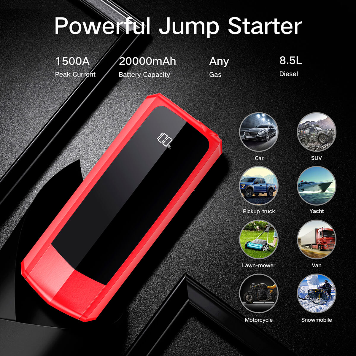Audew 2000A Peak 20000mAh Car Jump Starter for All Gas Engines or Up To 8.5L Diesel Engines with LCD Power Display 