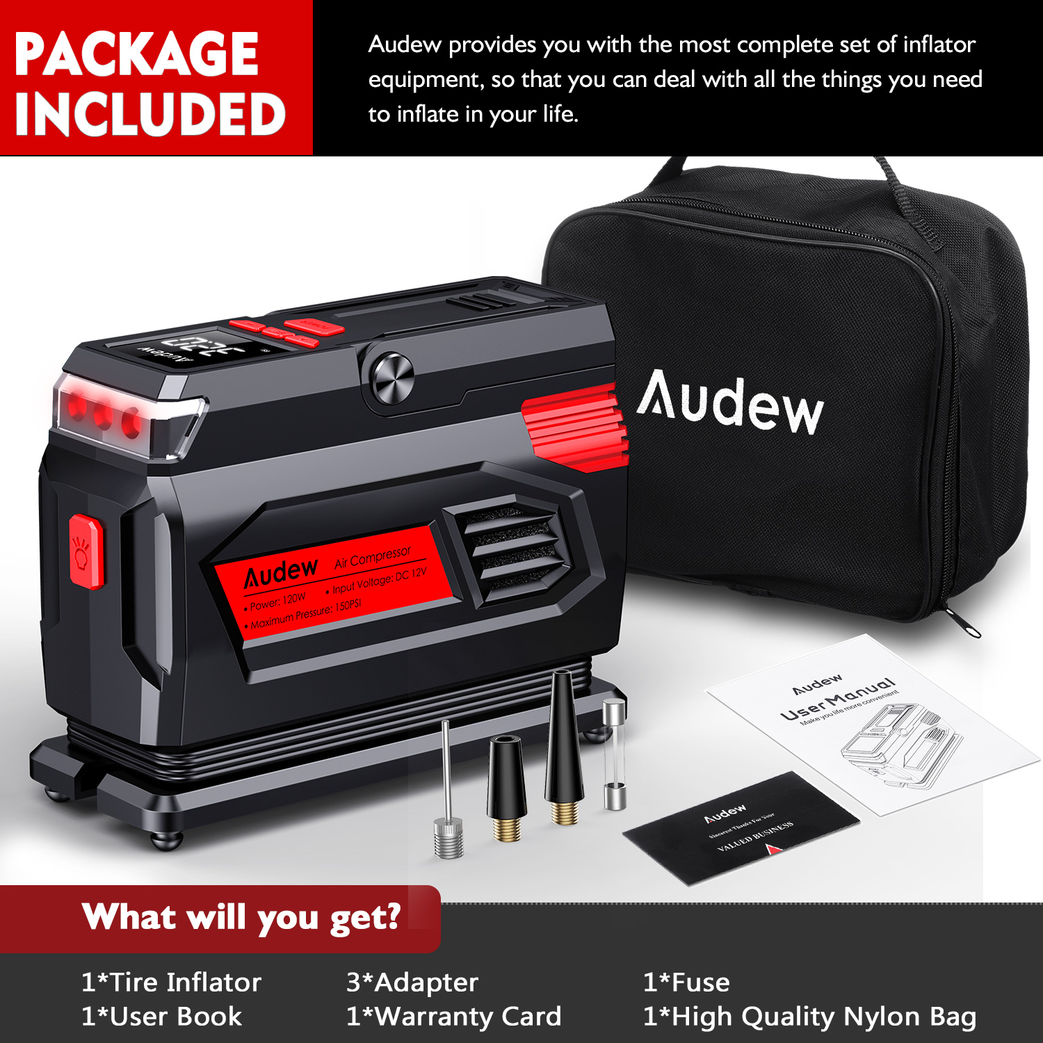 Audew 12V 120W 150PSI Heavy Duty Car Tire Inflator
