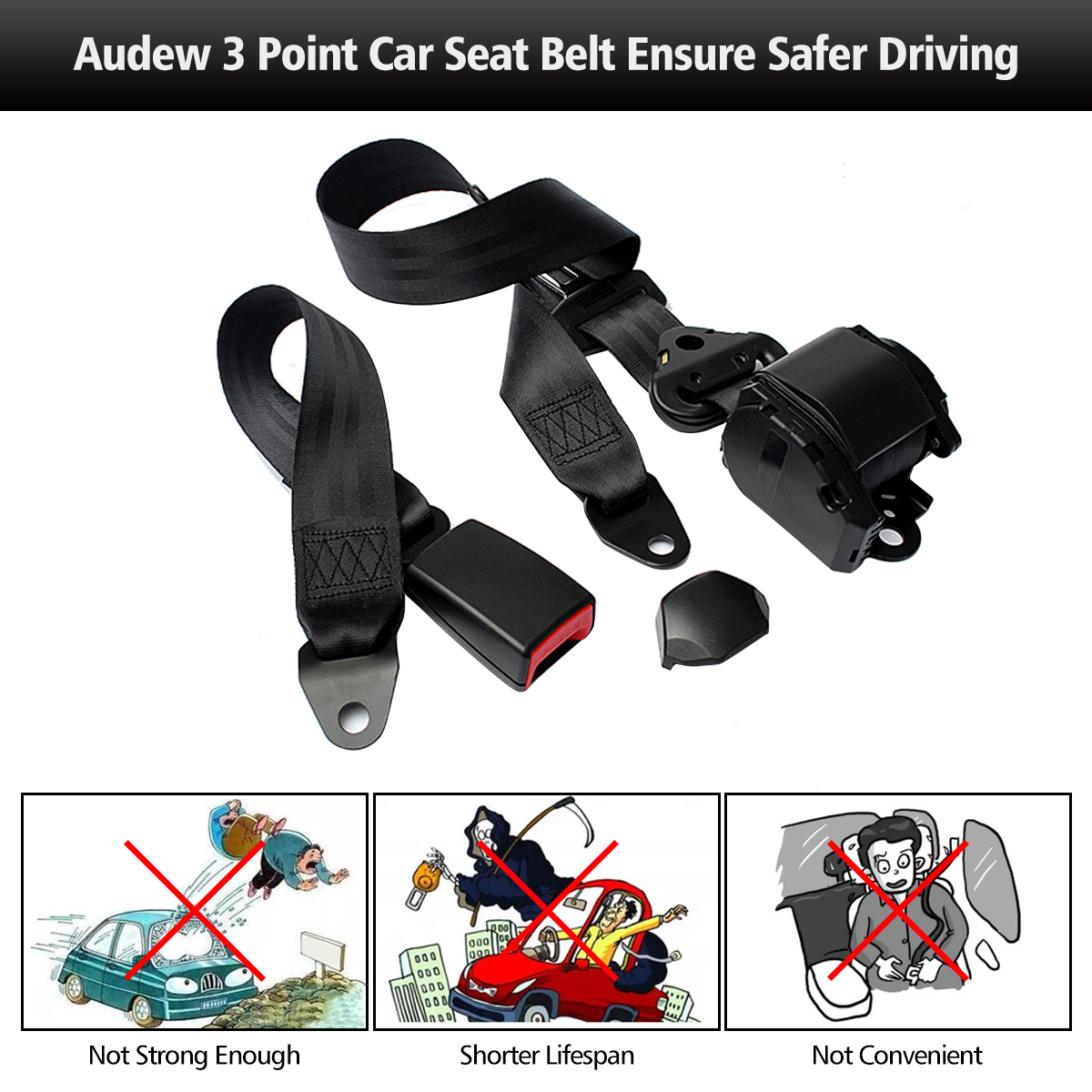 Audew Seat Belts Safety Car Seatbelt Universal Adjustable Retractable 3 ...