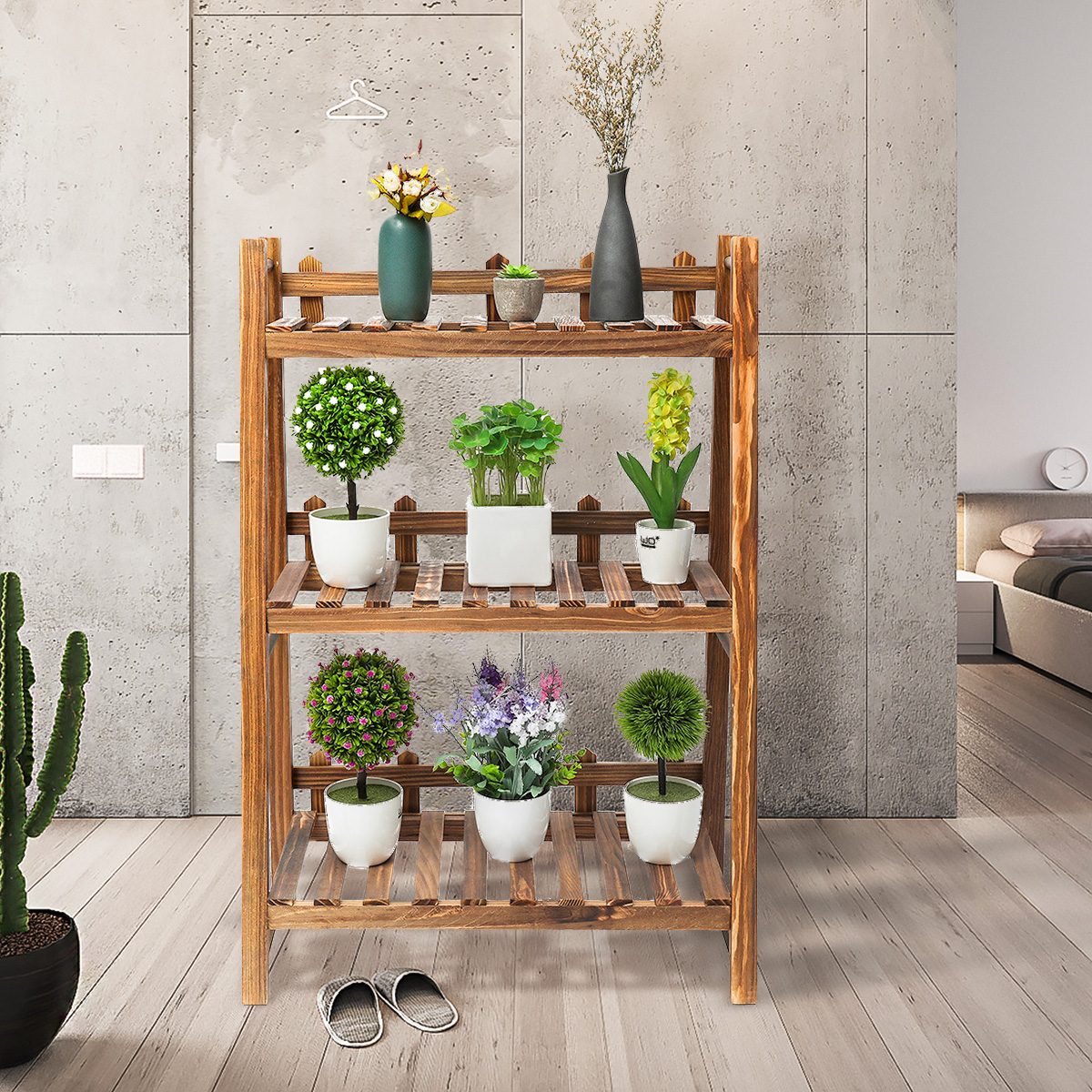 Plant Stand Bonsai Display Rack Storage Wooden Shelf Household 3 Tiers