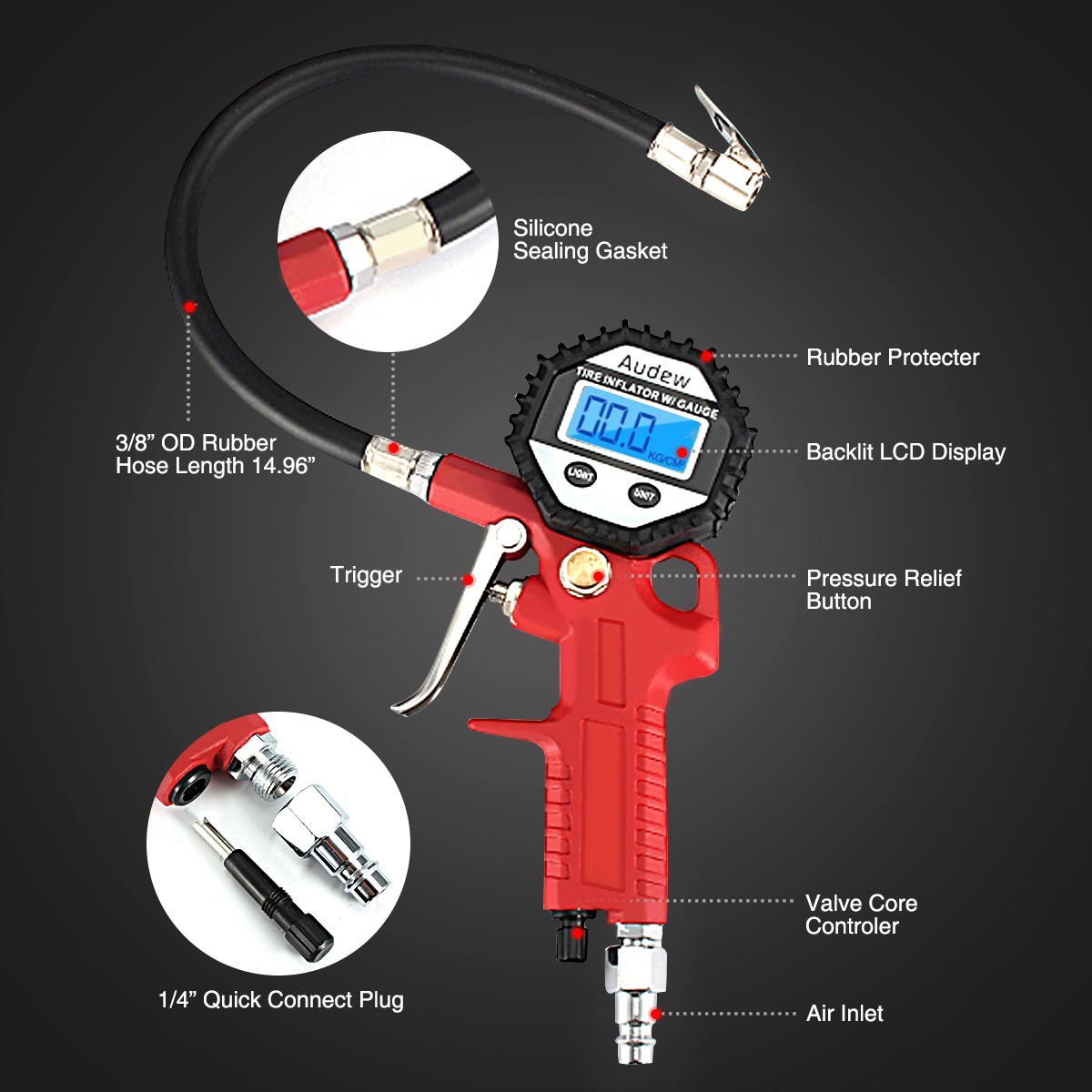 Audew 150PSI Digital Tire Pressure Gauge 3in1 with LCD Backlit Display