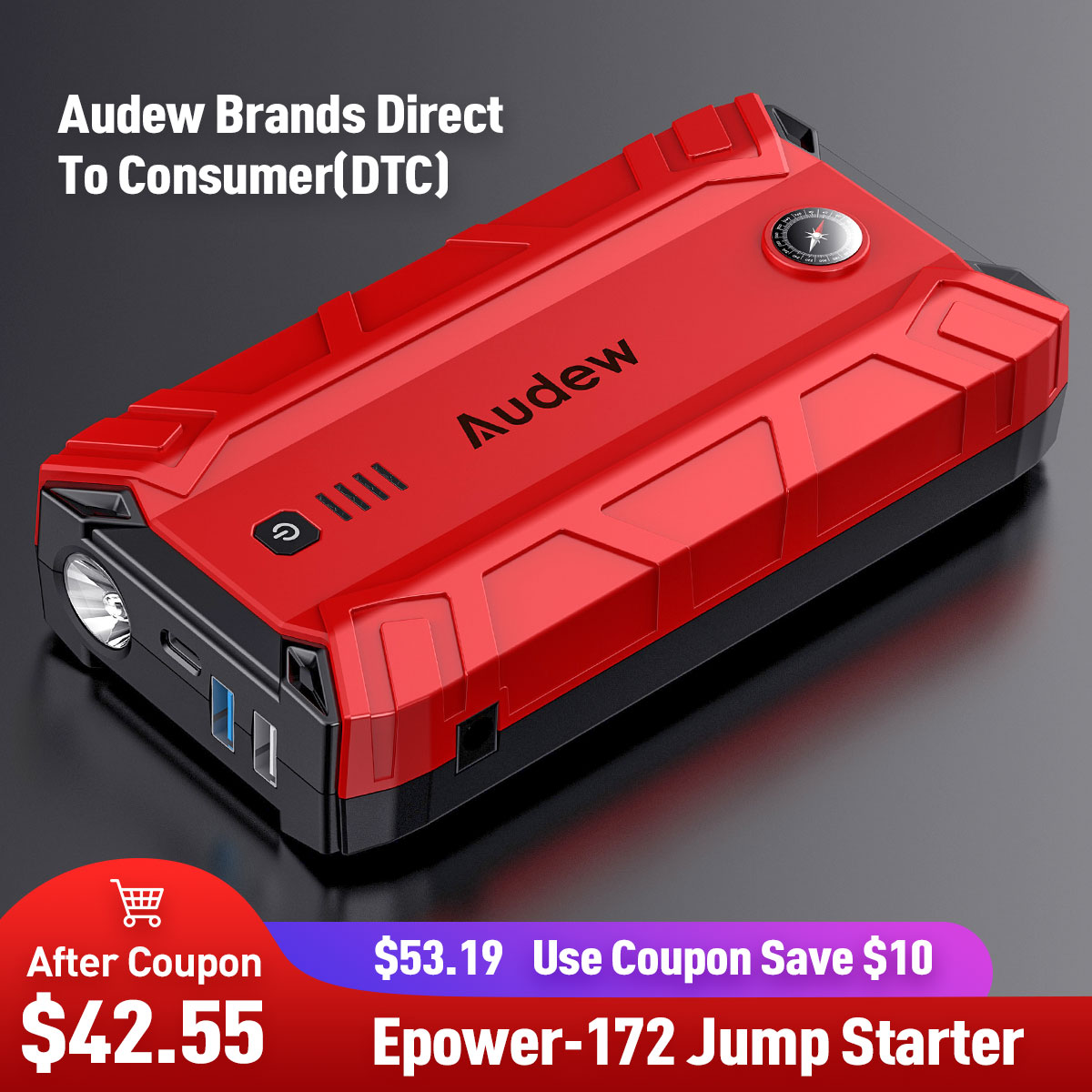 Audew 1500A Peak 18000mAh 12V Car Jump Starter start up to 8L Gas or